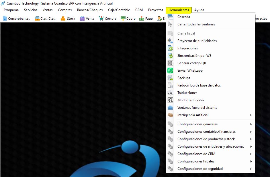 Captura real de Cuantico ERP: Menú Herramientas de Cuantico con utilidades y configuraciones por área.