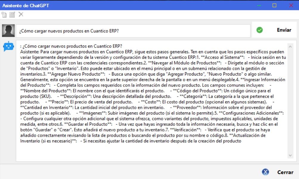 Captura real de Cuantico ERP: Asistente de ChatGPT dentro de Cuantico respondiendo una consulta.