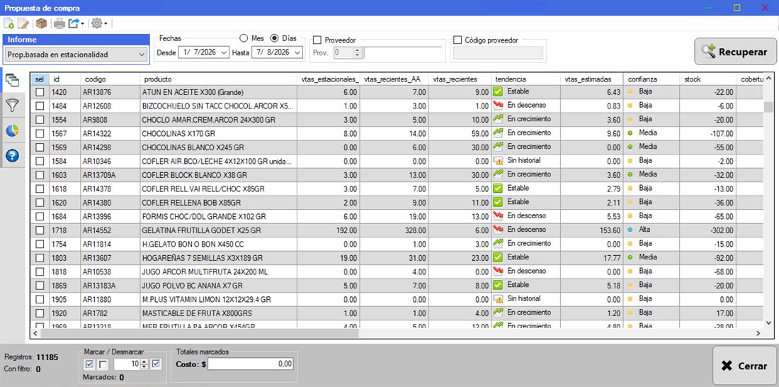 Captura real de Cuantico ERP: propuesta de compra inteligente