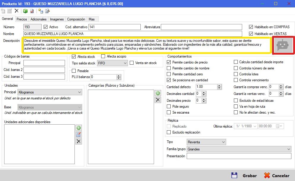 Captura real de Cuantico ERP: descripción automática de producto