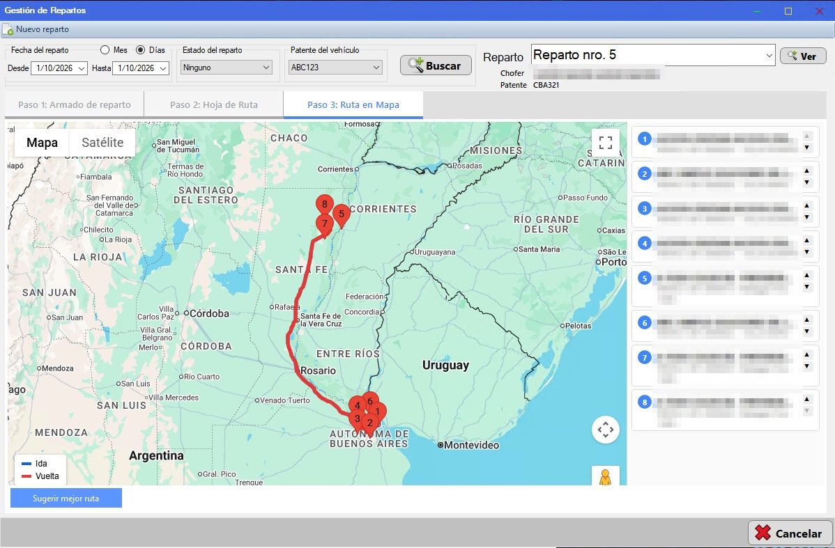 Captura real de Cuantico ERP: Paso 3, Ruta en el mapa: recorrido de ida y vuelta, paradas ordenadas y botón «Sugerir mejor ruta».