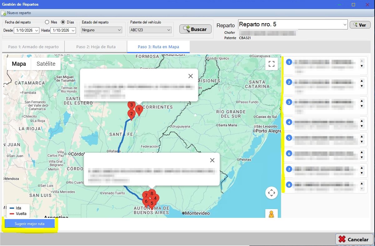 Captura real de Cuantico ERP: Paso 3, con «Sugerir mejor ruta»: el sistema reordena las paradas y traza el recorrido más conveniente.