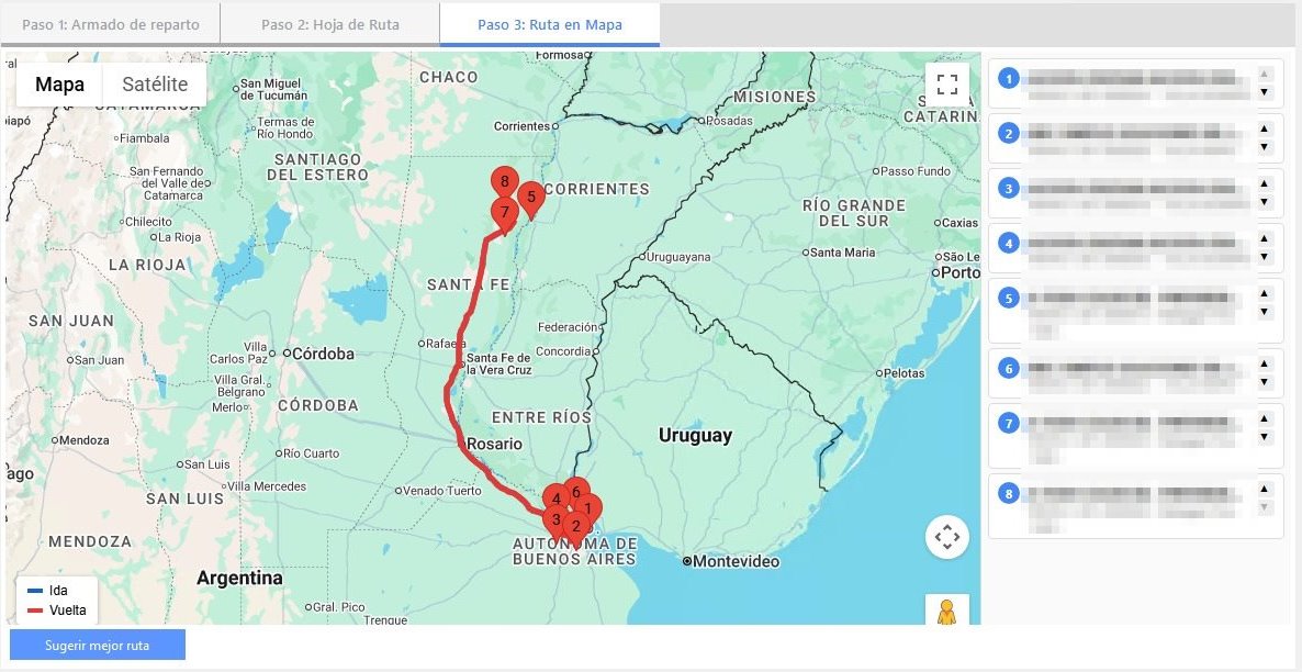 Captura real de Cuantico ERP: Ruta en el mapa con las entregas del reparto y el recorrido de ida y vuelta.