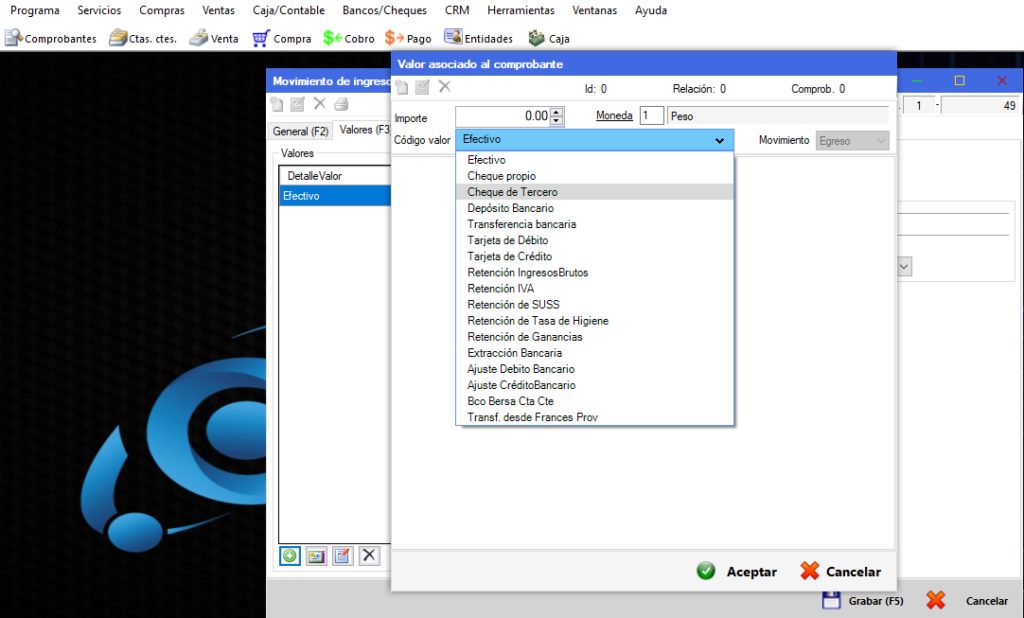 Captura real de Cuantico ERP: Listado de códigos de valor disponibles para pagar.