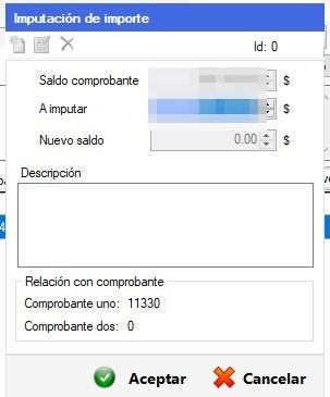 Captura real de Cuantico ERP: Ventana de imputación de importe con saldo, monto a imputar y nuevo saldo.