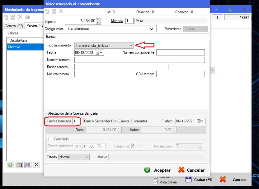 Captura real de Cuantico ERP: Valor Transferencia con tipo de movimiento y cuenta bancaria afectada.