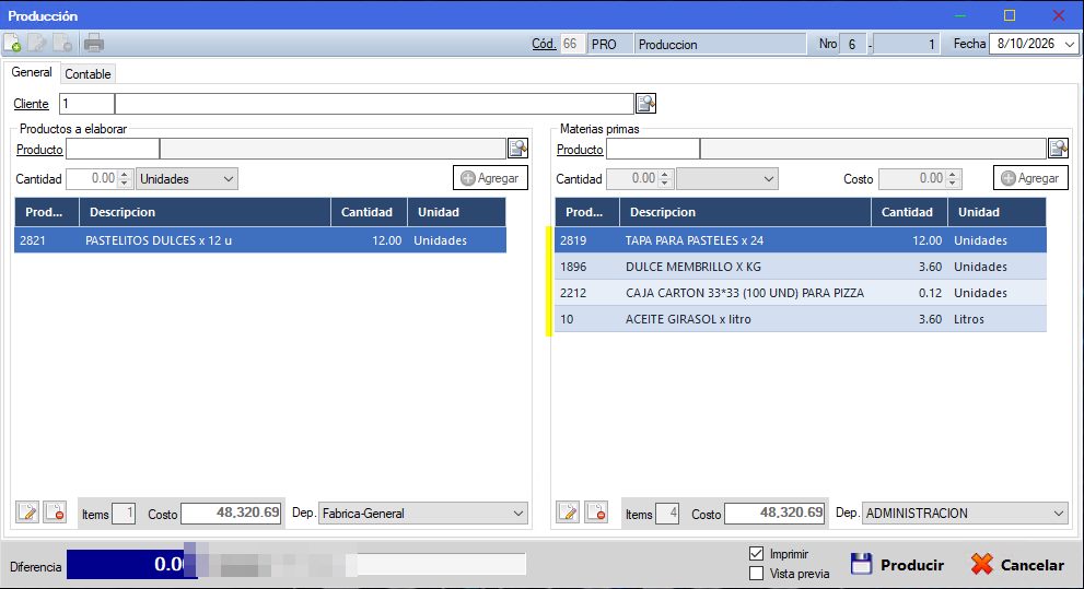 Captura real de Cuantico ERP: Pantalla de producción: productos a elaborar y materias primas requeridas.