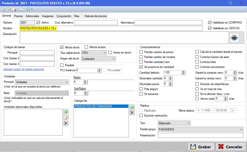 Captura real de Cuantico ERP: Ficha de un producto de tipo elaborado.