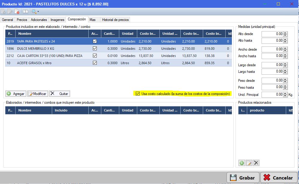 Captura real de Cuantico ERP: Composición del elaborado con insumos, cantidades y costo calculado.