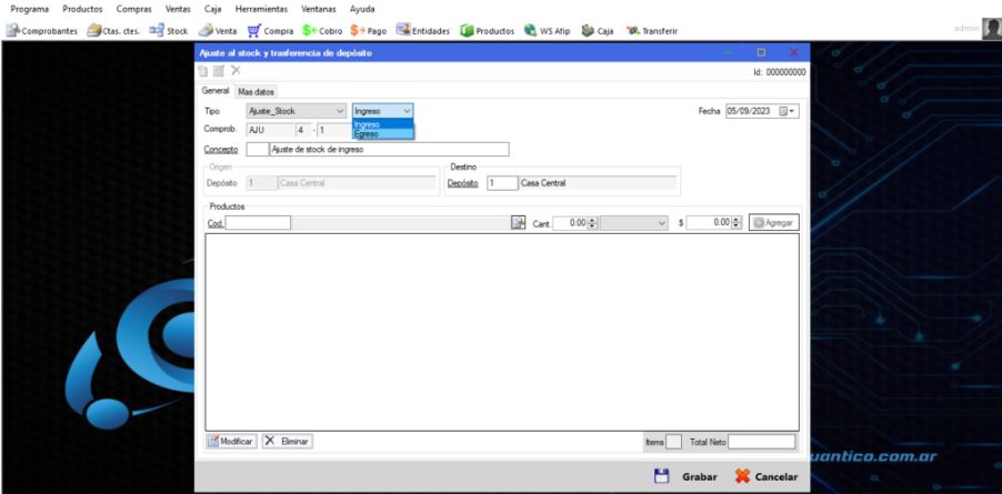 Captura real de Cuantico ERP: Ajuste de stock con el selector de tipo de movimiento: ingreso o egreso.