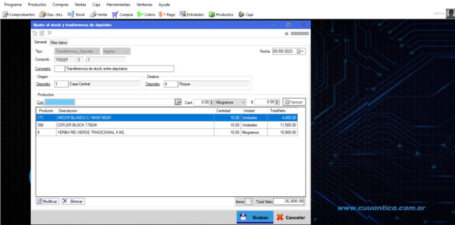 Captura real de Cuantico ERP: Transferencia de stock entre depósitos con origen, destino y productos.
