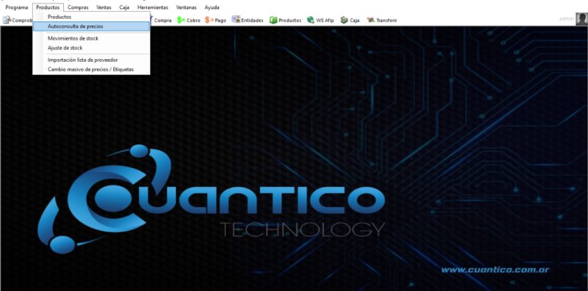 Captura real de Cuantico ERP: Menú Productos con la opción Autoconsulta de precios.
