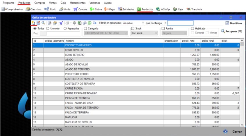 Captura real de Cuantico ERP: Grilla de productos con el botón Nuevo para crear una ficha.