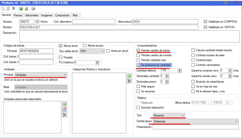 Captura real de Cuantico ERP: Pestaña General con datos básicos, tipo, unidad y comportamientos del producto.