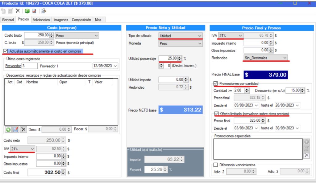 Captura real de Cuantico ERP: Pestaña Precios con costo, utilidad, IVA, redondeo y promociones.