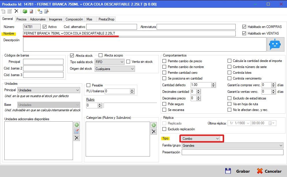 Captura real de Cuantico ERP: Ficha de producto con el tipo Combo seleccionado.