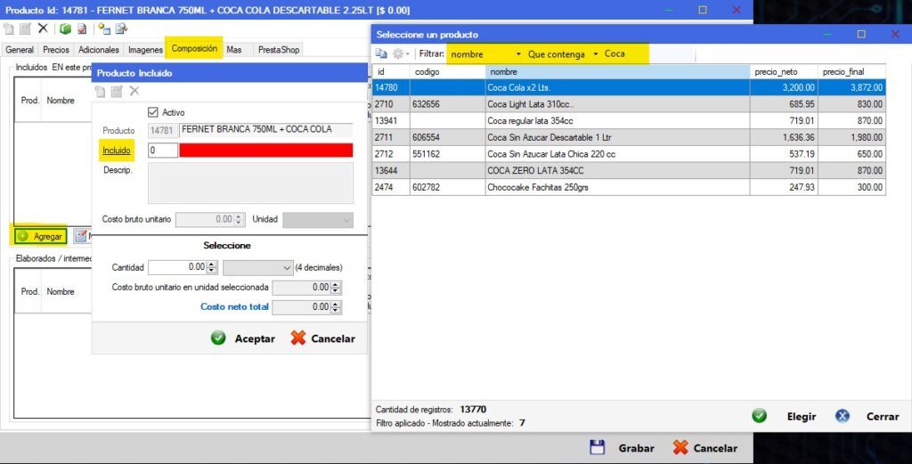 Captura real de Cuantico ERP: Pestaña Composición con la búsqueda de productos para incluir en el combo.