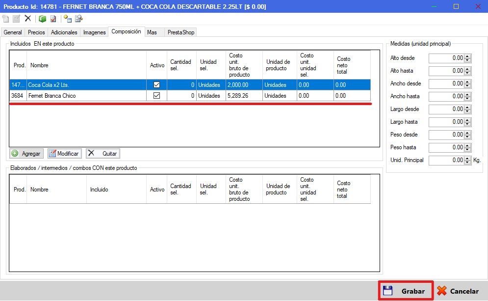 Captura real de Cuantico ERP: Composición final del combo con los productos incluidos.
