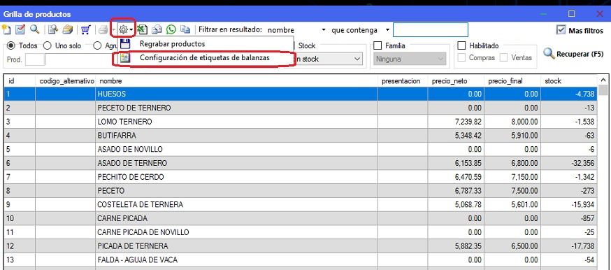 Captura real de Cuantico ERP: Grilla de productos con la opción Configuración de etiquetas de balanzas.