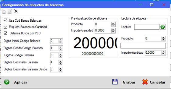 Captura real de Cuantico ERP: Pantalla de configuración de etiquetas de balanzas con previsualización.
