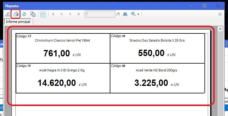 Captura real de Cuantico ERP: Vista previa del reporte con las etiquetas de góndola listas para imprimir.