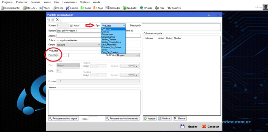 Captura real de Cuantico ERP: Ejemplo con productos: plantilla de importación con tipo de lista, proveedor y columnas.