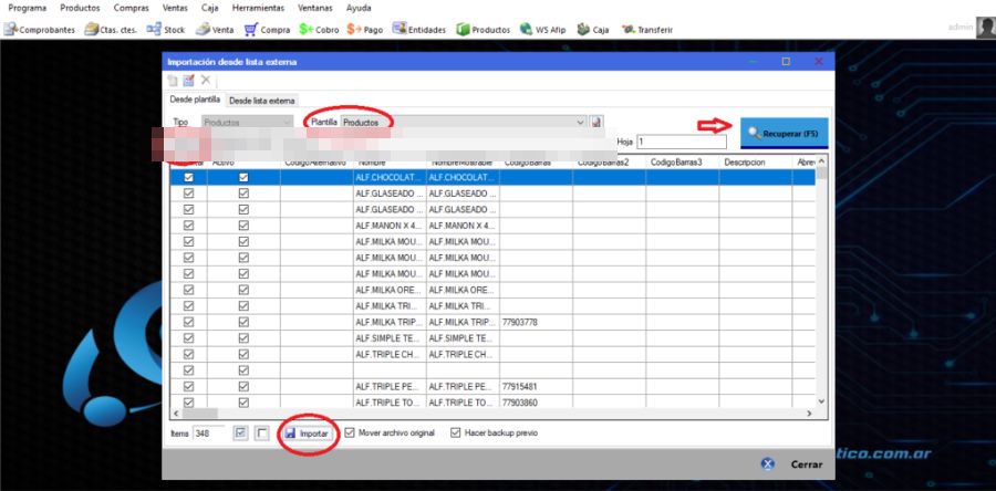 Captura real de Cuantico ERP: Pantalla de importación con los productos recuperados del archivo, listos para importar.