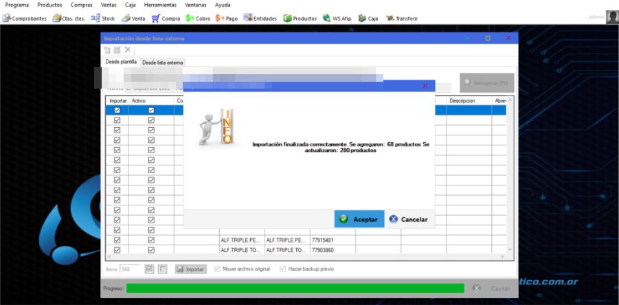 Captura real de Cuantico ERP: Mensaje de importación finalizada con productos agregados y actualizados.