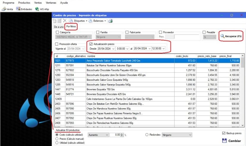 Captura real de Cuantico ERP: Pestaña Por filtros con «Actualización precio» por día y horario y el botón Recuperar.