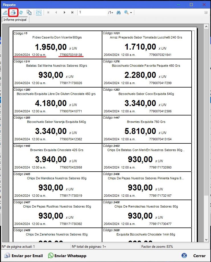 Captura real de Cuantico ERP: Reporte con las etiquetas de góndola de los productos actualizados, listo para imprimir.