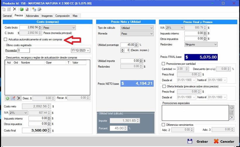 Captura real de Cuantico ERP: Pestaña Precios del producto con la opción de actualizar automáticamente el costo en compras.