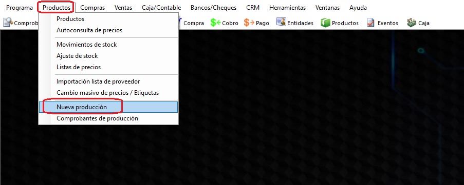 Captura real de Cuantico ERP: Menú Productos con la opción Nueva producción.