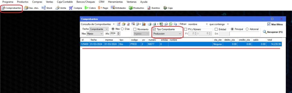 Captura real de Cuantico ERP: Consulta de comprobantes filtrada por tipo Producción.