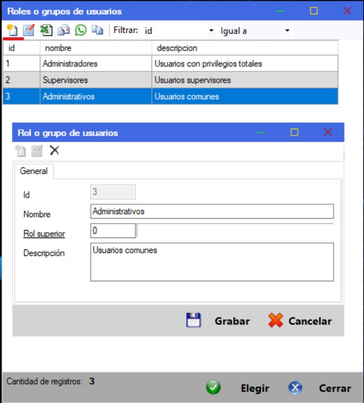 Captura real de Cuantico ERP: Grilla de roles o grupos de usuarios y formulario de alta de un rol.