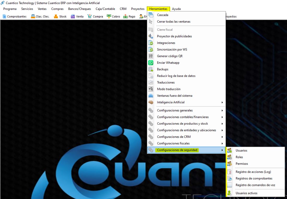 Captura real de Cuantico ERP: Menú Herramientas con Configuraciones de seguridad: Usuarios, Roles y Permisos.