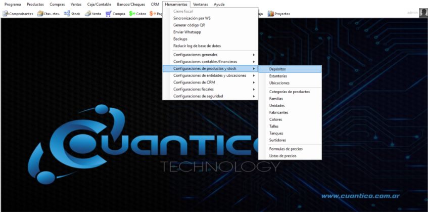 Captura real de Cuantico ERP: Menú Herramientas, Configuración de productos y stock, con la opción Depósitos.