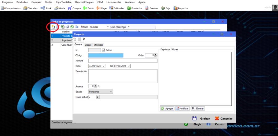 Captura real de Cuantico ERP: Alta de un proyecto con estado, etapa y lista de depósitos u obras.
