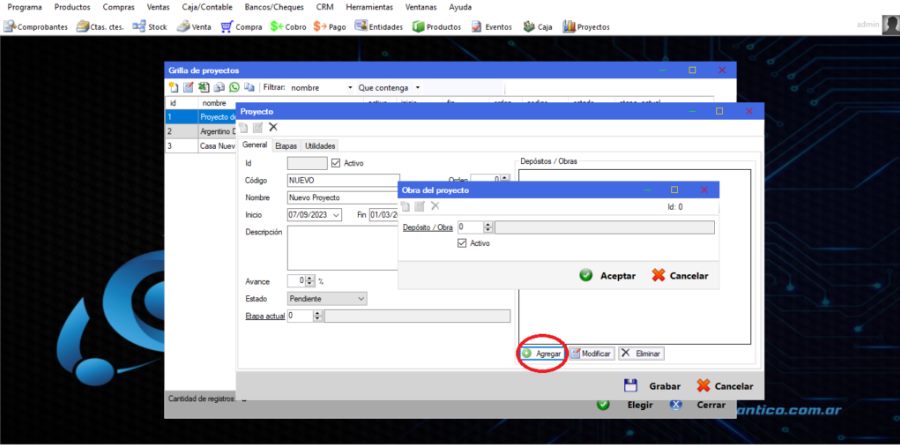 Captura real de Cuantico ERP: Asociación de un depósito u obra al proyecto.