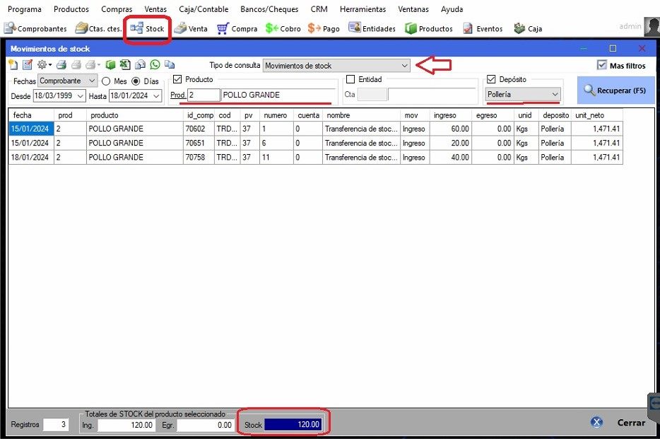 Captura real de Cuantico ERP: Movimientos de stock de un producto en otro depósito.
