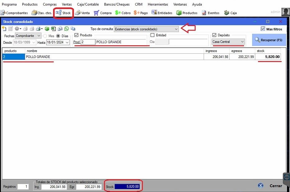 Captura real de Cuantico ERP: Existencias de un producto filtradas por depósito.