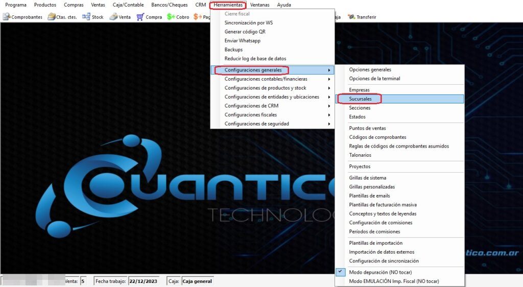 Captura real de Cuantico ERP: Menú Herramientas, Configuraciones generales, con la opción Sucursales.
