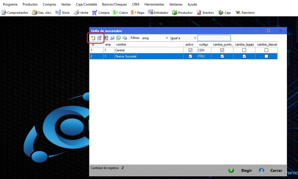 Captura real de Cuantico ERP: Grilla de sucursales con los botones para crear y editar.