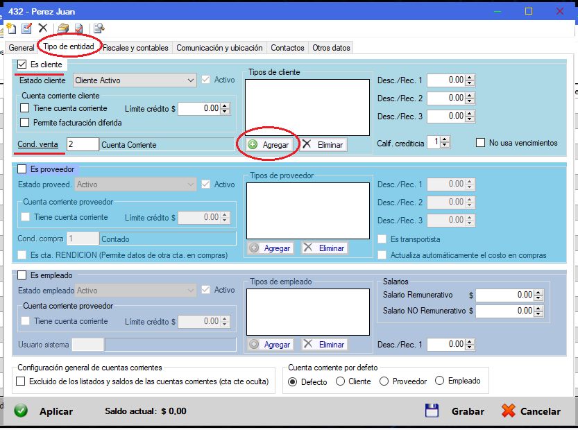 Captura real de Cuantico ERP: Pestaña Tipo de entidad con la opción es cliente y la condición de venta.