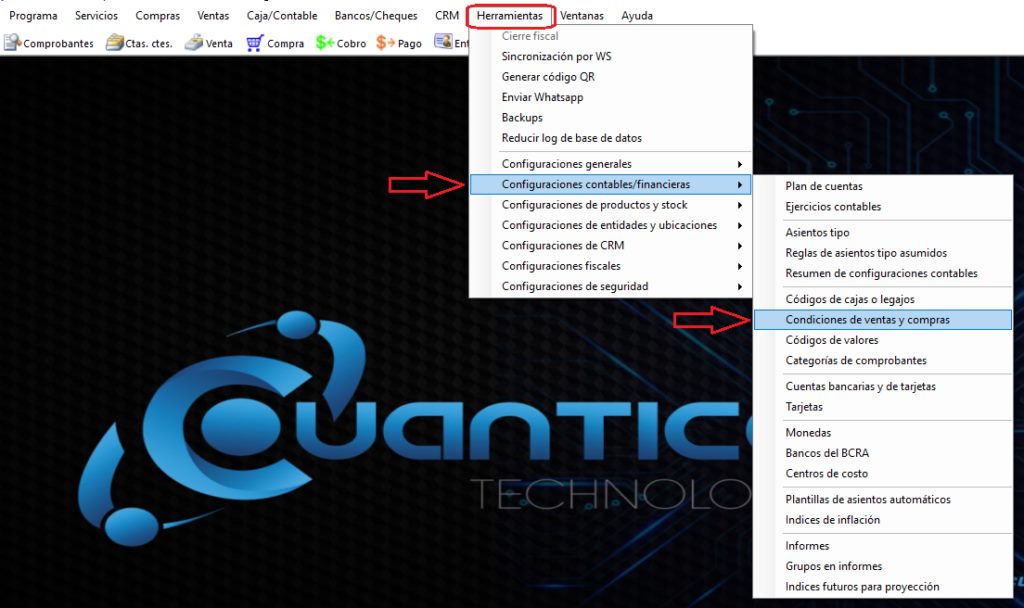 Captura real de Cuantico ERP: Menú Herramientas con la opción Condiciones de ventas y compras.