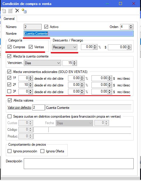 Captura real de Cuantico ERP: Ficha de una condición con recargo, vencimientos y valor por defecto.