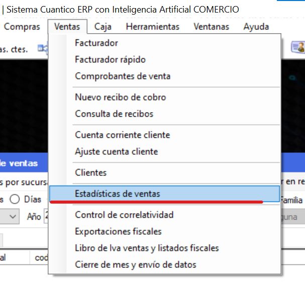 Captura real de Cuantico ERP: Menú Ventas con la opción Estadísticas de ventas.
