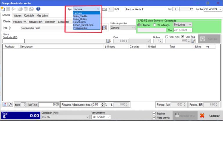 Captura real de Cuantico ERP: Comprobante de venta con el selector de tipo: factura, nota de crédito, presupuesto y otros.