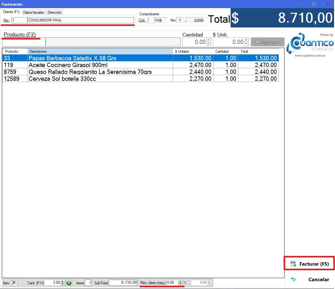 Captura real de Cuantico ERP: Facturador rápido con ítems cargados, total y botón Facturar.