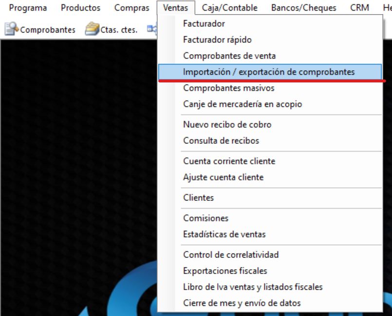 Captura real de Cuantico ERP: Menú Ventas con la opción Importación / exportación de comprobantes.