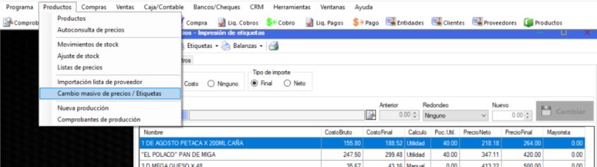Captura real de Cuantico ERP: Menú Productos con Cambio masivo de precios / Etiquetas y la grilla de productos.